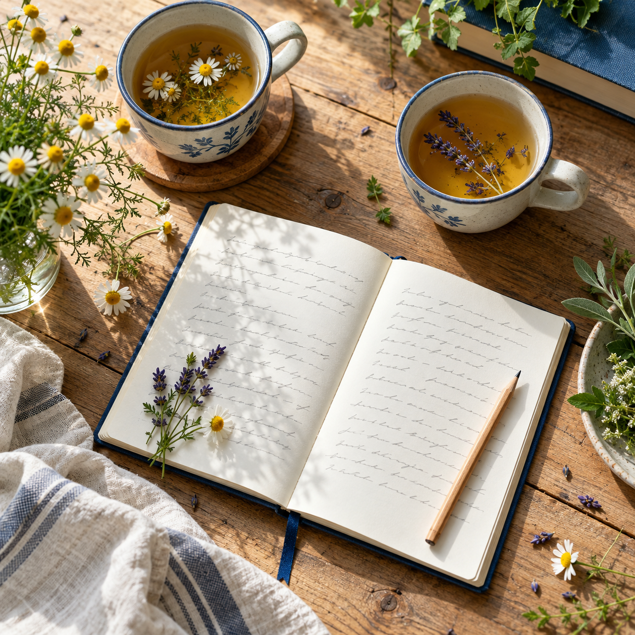Open notebook with chamomile and lavender beside two cups of tea